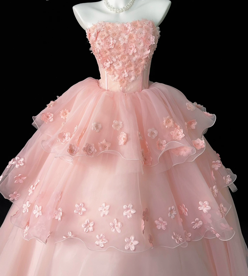 Dreamy Strapless Pink Ball Gown Appliques Beads Tiered Sweet 16 Dresses C9895