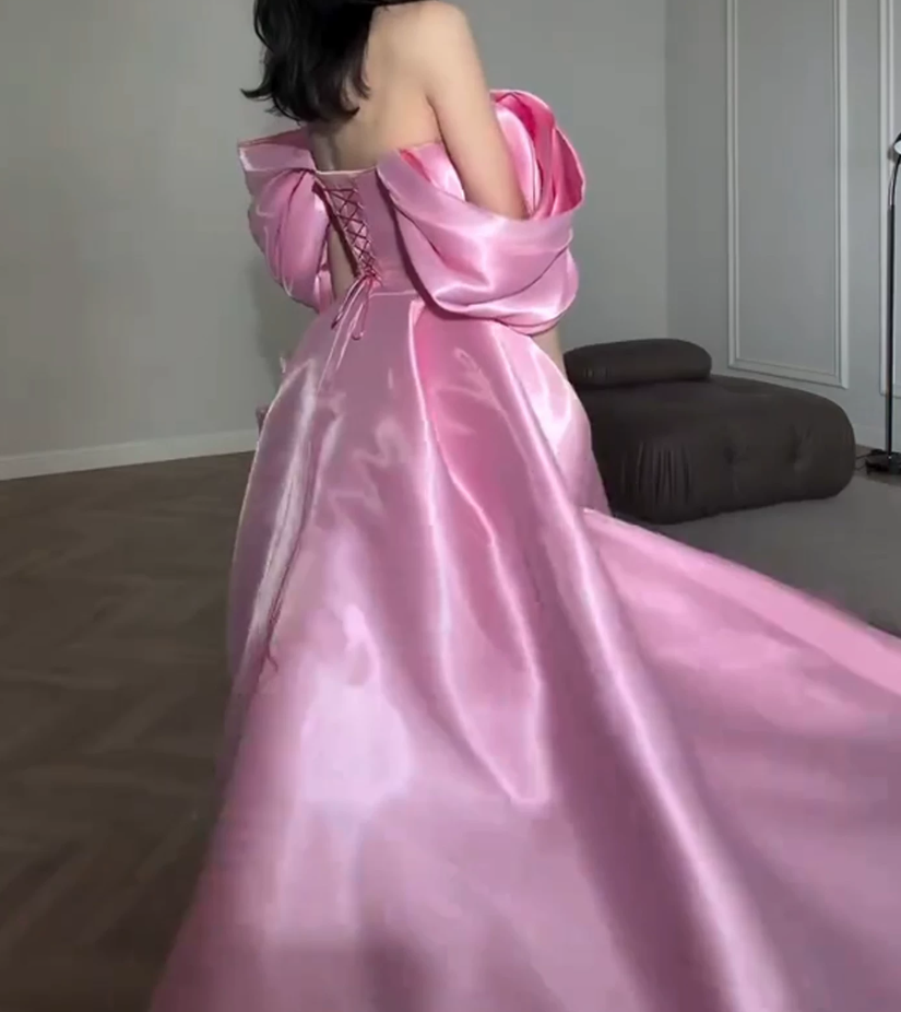 Unique Off-Shoulder Prom Dress Pink Satin A-Line Evening Dress C9898