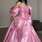 Unique Off-Shoulder Prom Dress Pink Satin A-Line Evening Dress C9898