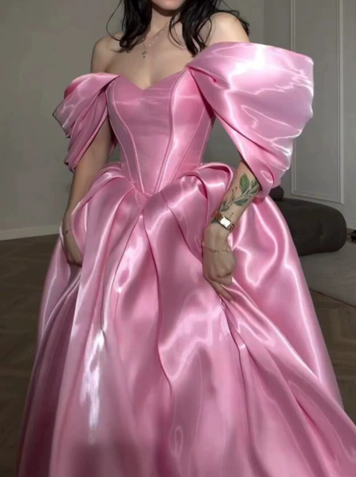 Unique Off-Shoulder Prom Dress Pink Satin A-Line Evening Dress C9898