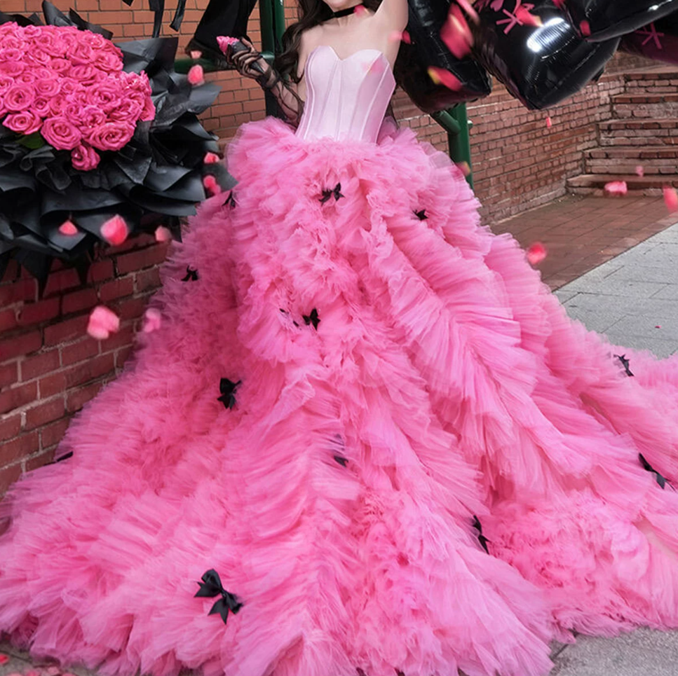 Robe de bal de princesse bustier à volants en satin long, robe de soirée C8117