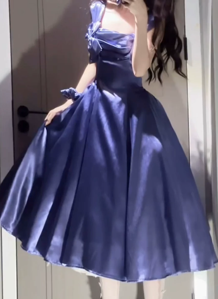 Graceful Spaghetti Straps Homecoming Dress Blue Satin A-Line Birthday Dress C9900