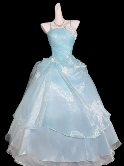Glam Spaghetti Straps Prom Dress Blue Appliques A-Line Evening Dress C9903
