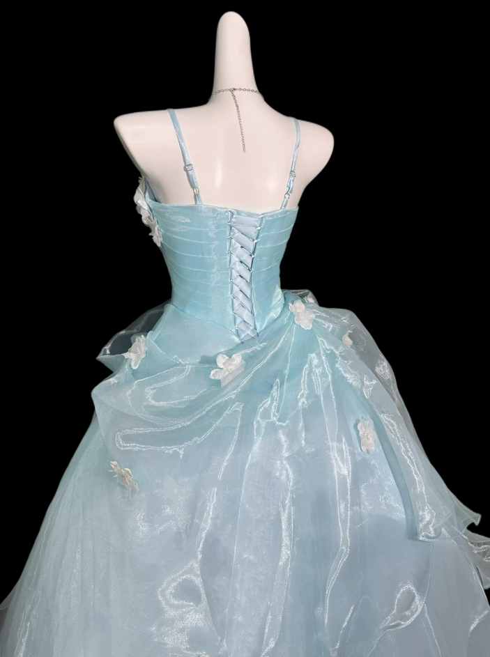 Glam Spaghetti Straps Prom Dress Blue Appliques A-Line Evening Dress C9903