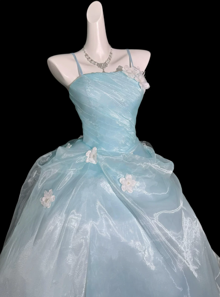 Glam Spaghetti Straps Prom Dress Blue Appliques A-Line Evening Dress C9903