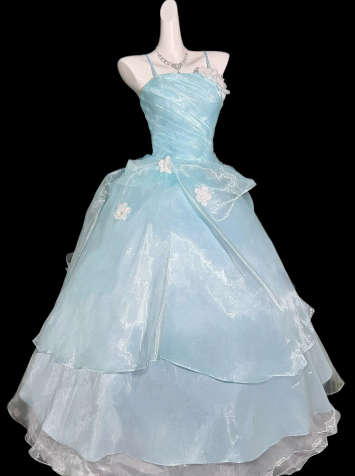 Glam Spaghetti Straps Prom Dress Blue Appliques A-Line Evening Dress C9903