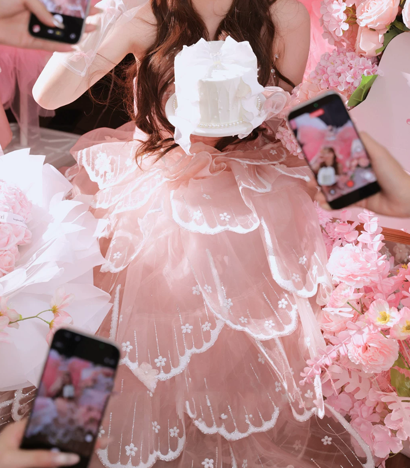 Fascinating Strapless Prom Dress Pink Sequins Tiered A-Line Evening Dress C9904