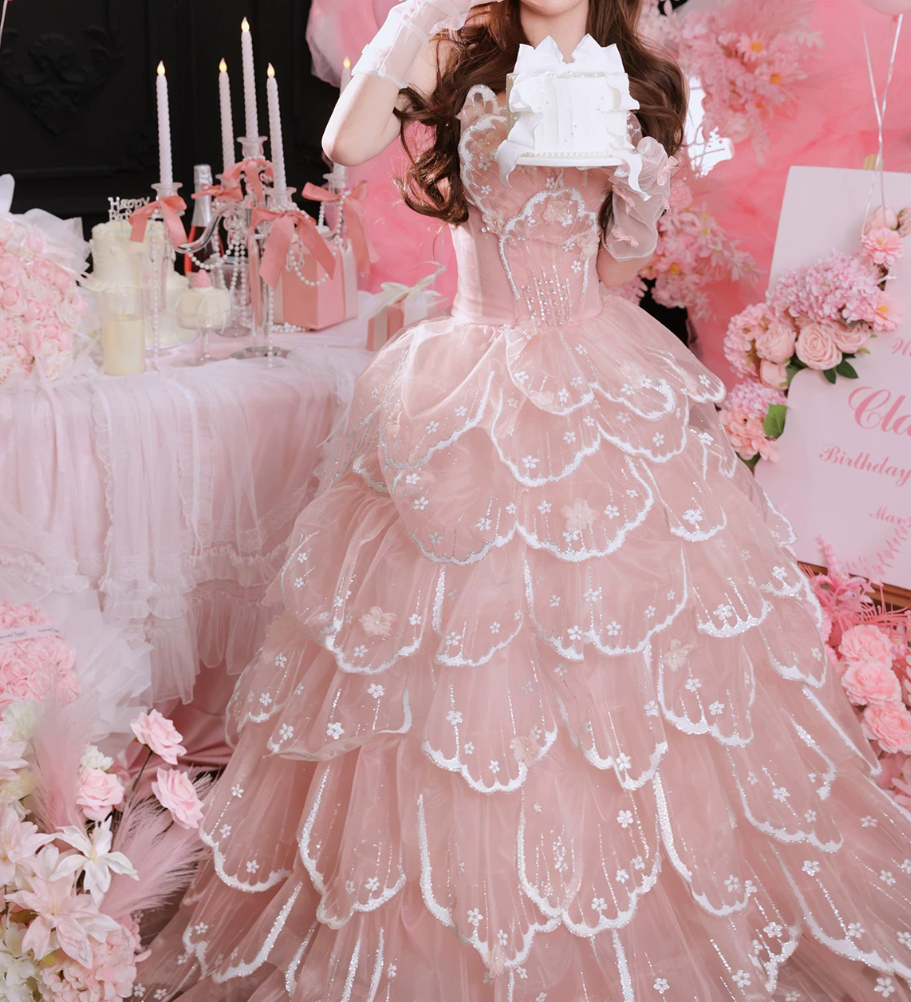 Fascinating Strapless Prom Dress Pink Sequins Tiered A-Line Evening Dress C9904
