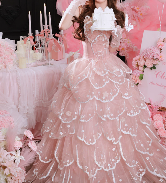 Fascinating Strapless Prom Dress Pink Sequins Tiered A-Line Evening Dress C9904