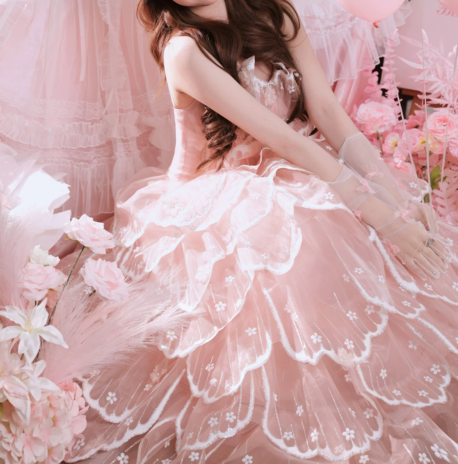 Fascinating Strapless Prom Dress Pink Sequins Tiered A-Line Evening Dress C9904