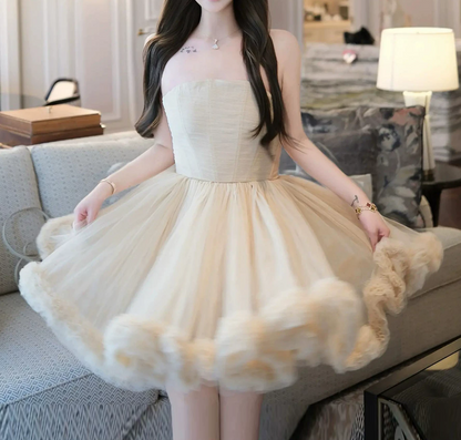 Mini robe de soirée en satin, sans bretelles, sans manches, ligne a, simple, C899
