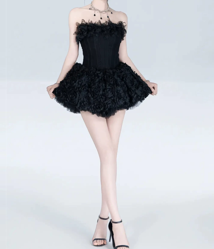Chic Strapless Black Homecoming Dress Appliques Tulle A-Line Birthday Dress C9906