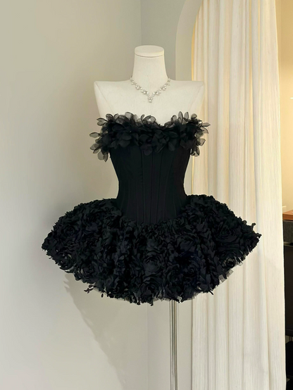 Chic Strapless Black Homecoming Dress Appliques Tulle A-Line Birthday Dress C9906