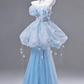Dreamy Strapless Blue Prom Dress Appliques Tulle Mermaid  Evening Dress C9907