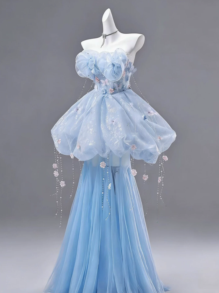 Dreamy Strapless Blue Prom Dress Appliques Tulle Mermaid  Evening Dress C9907