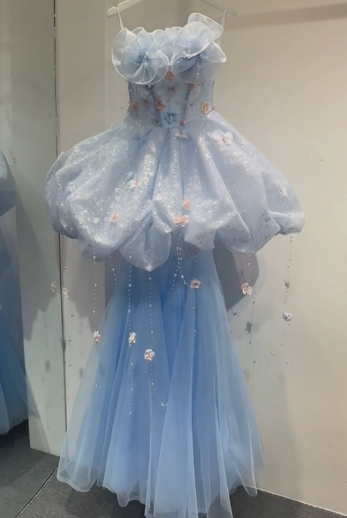 Dreamy Strapless Blue Prom Dress Appliques Tulle Mermaid  Evening Dress C9907