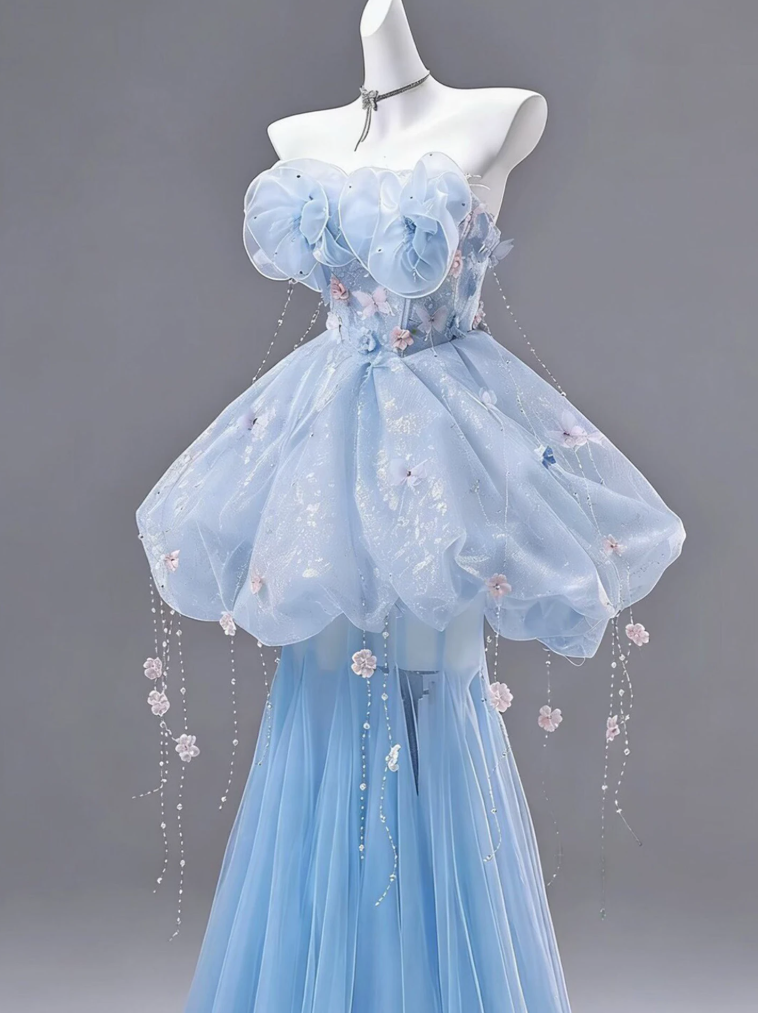 Dreamy Strapless Blue Prom Dress Appliques Tulle Mermaid  Evening Dress C9907