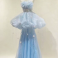 Dreamy Strapless Blue Prom Dress Appliques Tulle Mermaid  Evening Dress C9907
