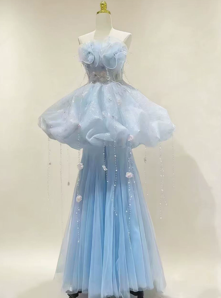 Dreamy Strapless Blue Prom Dress Appliques Tulle Mermaid  Evening Dress C9907