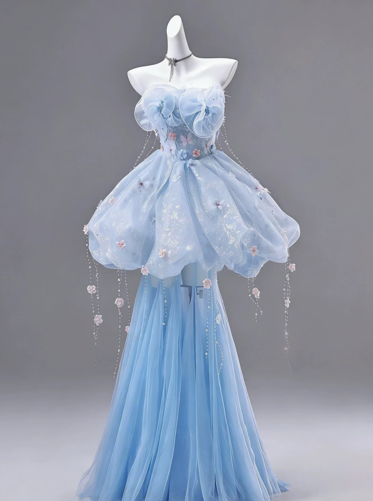Dreamy Strapless Blue Prom Dress Appliques Tulle Mermaid  Evening Dress C9907