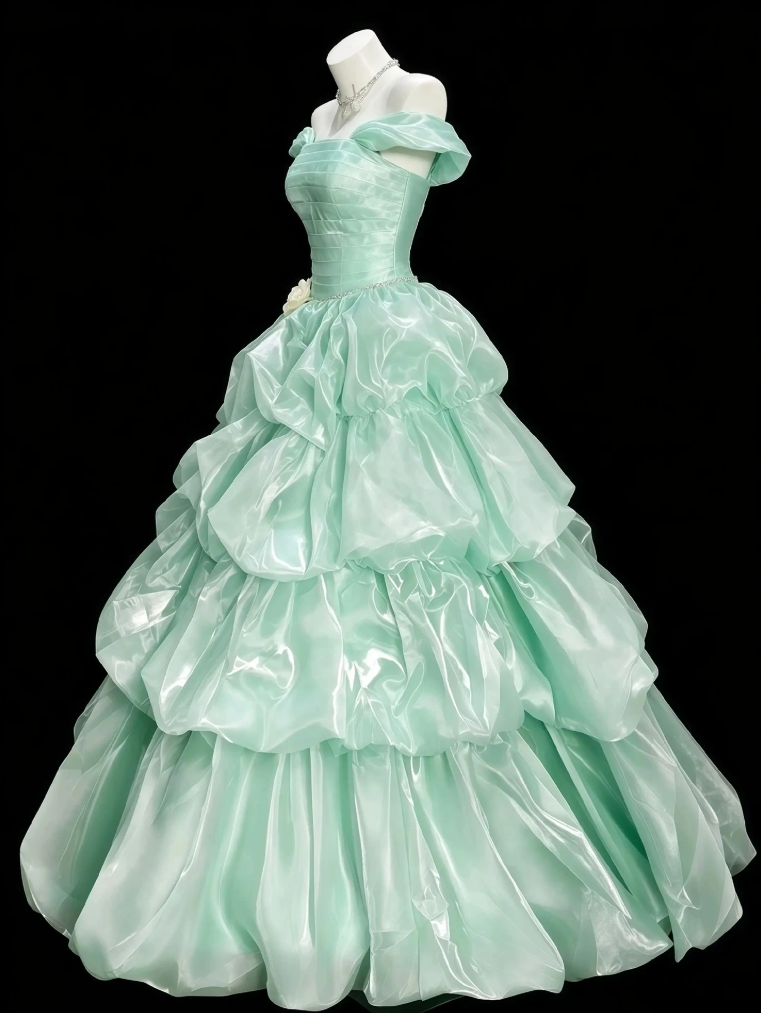 Classical Off-Shoulder Pleated Prom Dress Green Satin Tiered A-Line Evening Dress C9908