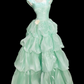 Classical Off-Shoulder Pleated Prom Dress Green Satin Tiered A-Line Evening Dress C9908