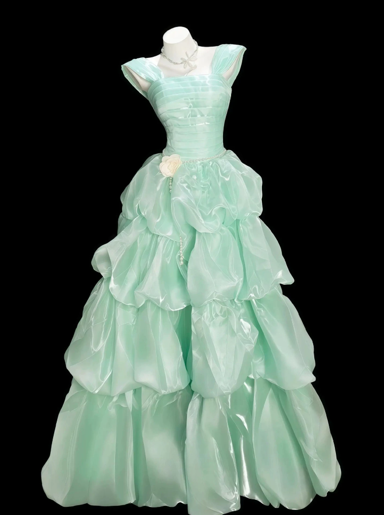 Classical Off-Shoulder Pleated Prom Dress Green Satin Tiered A-Line Evening Dress C9908