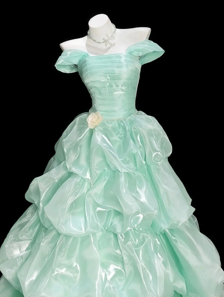 Classical Off-Shoulder Pleated Prom Dress Green Satin Tiered A-Line Evening Dress C9908