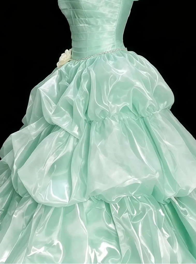 Classical Off-Shoulder Pleated Prom Dress Green Satin Tiered A-Line Evening Dress C9908