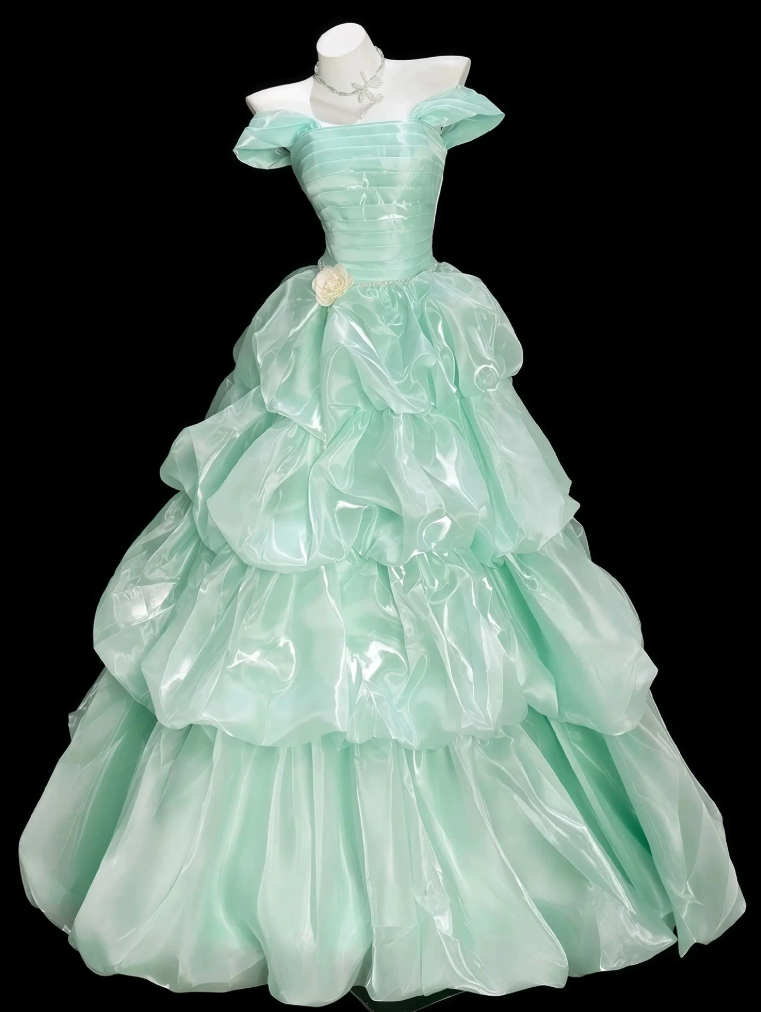 Classical Off-Shoulder Pleated Prom Dress Green Satin Tiered A-Line Evening Dress C9908