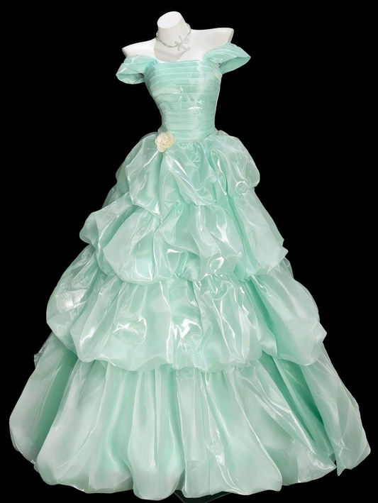 Classical Off-Shoulder Pleated Prom Dress Green Satin Tiered A-Line Evening Dress C9908