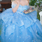 Trendy Off-Shoulder Appliques Prom Dress Blue Tiered A-Line Evening Dress C9909