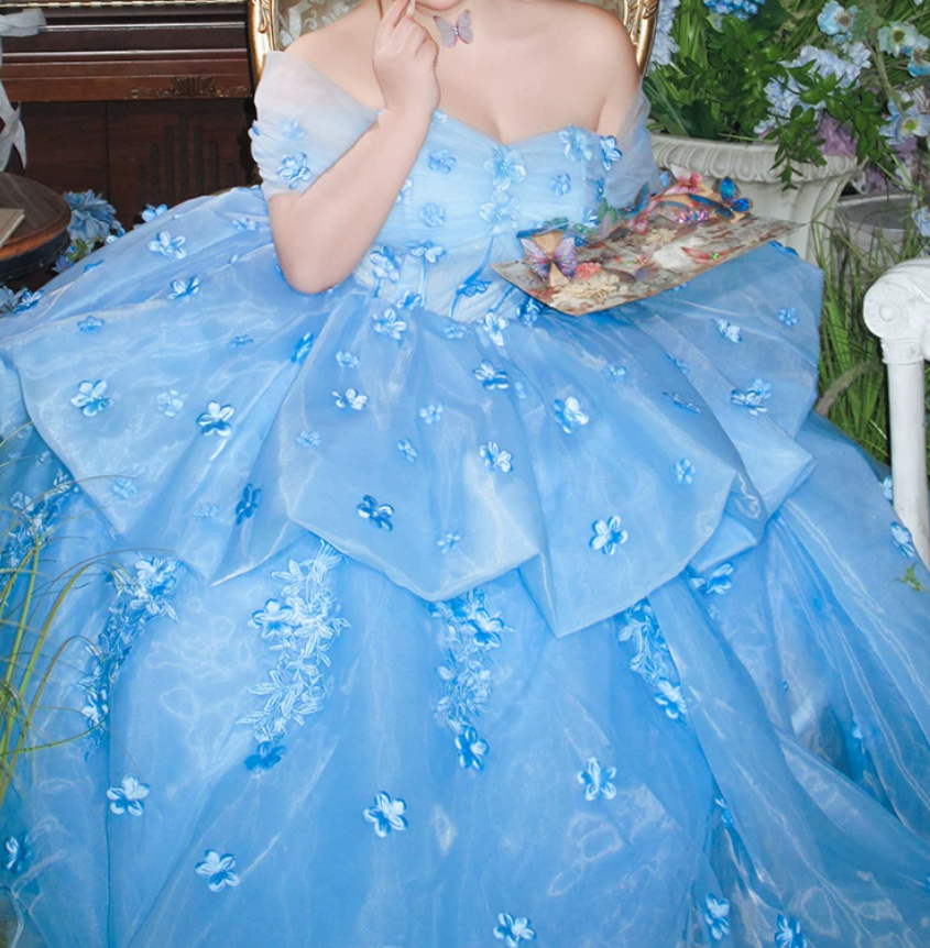 Trendy Off-Shoulder Appliques Prom Dress Blue Tiered A-Line Evening Dress C9909