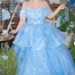 Trendy Off-Shoulder Appliques Prom Dress Blue Tiered A-Line Evening Dress C9909