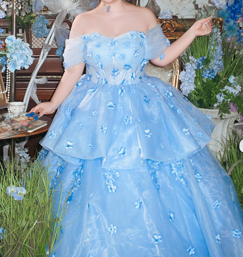 Trendy Off-Shoulder Appliques Prom Dress Blue Tiered A-Line Evening Dress C9909
