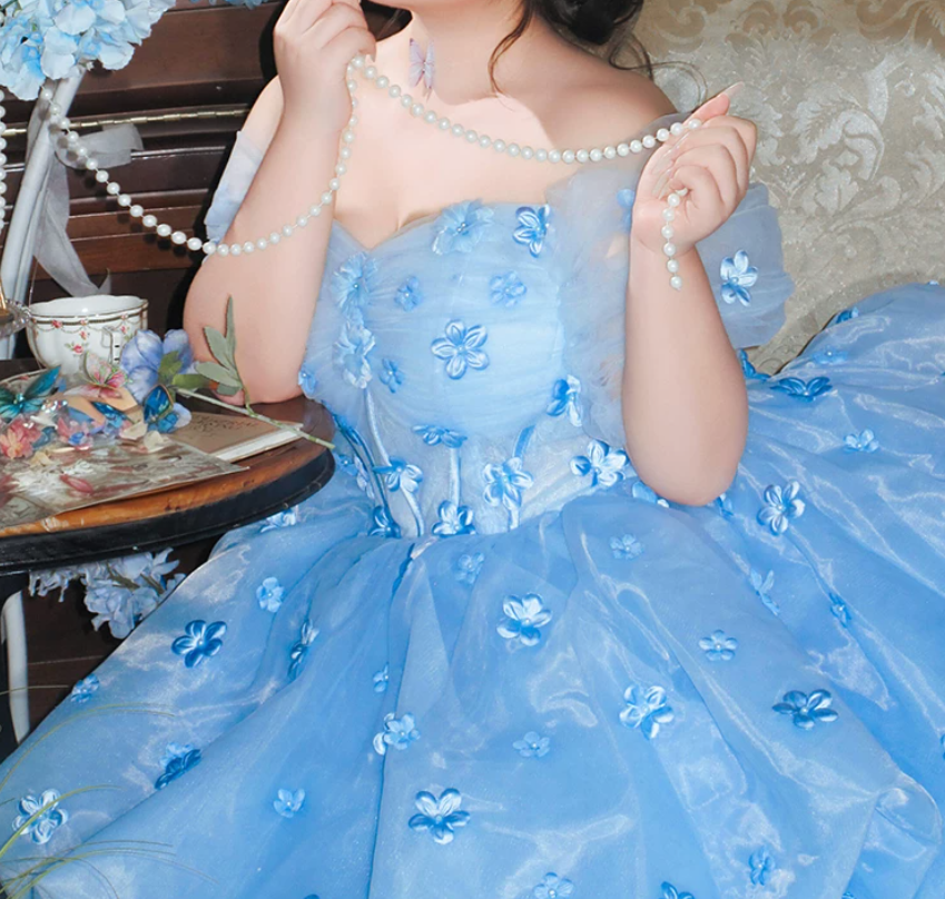 Trendy Off-Shoulder Appliques Prom Dress Blue Tiered A-Line Evening Dress C9909