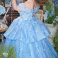 Trendy Off-Shoulder Appliques Prom Dress Blue Tiered A-Line Evening Dress C9909