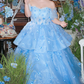 Trendy Off-Shoulder Appliques Prom Dress Blue Tiered A-Line Evening Dress C9909