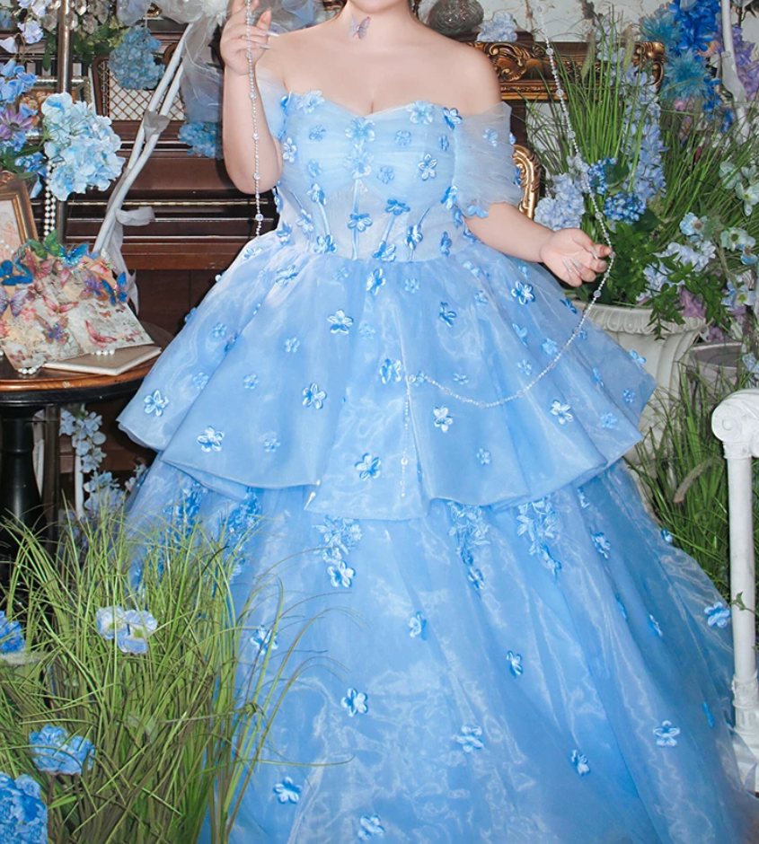 Trendy Off-Shoulder Appliques Prom Dress Blue Tiered A-Line Evening Dress C9909