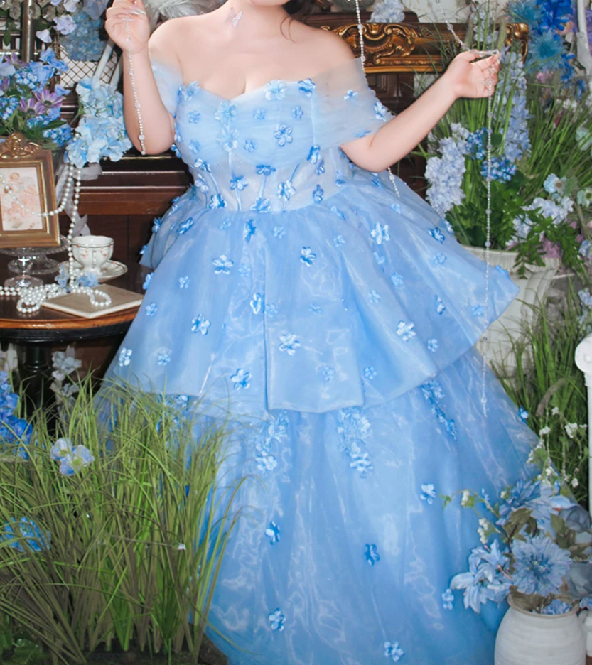 Trendy Off-Shoulder Appliques Prom Dress Blue Tiered A-Line Evening Dress C9909