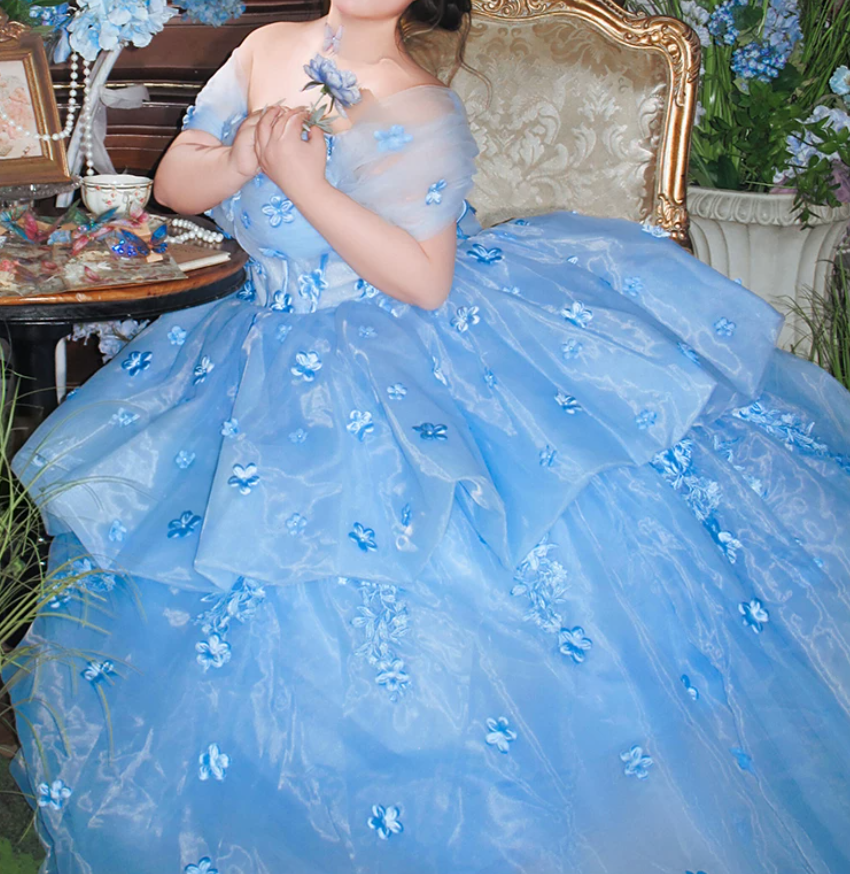 Trendy Off-Shoulder Appliques Prom Dress Blue Tiered A-Line Evening Dress C9909