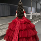 Alluring Off-Shoulder Tiered Prom Dress Red Tulle A-Line Beaded Evening Dress C9911