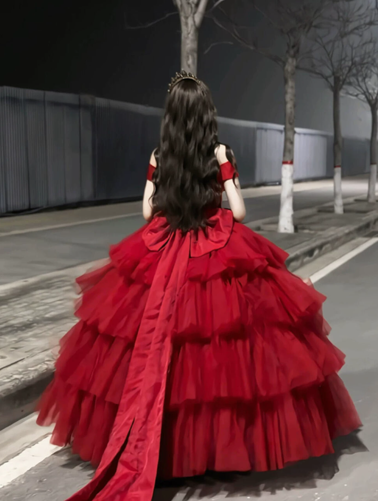 Alluring Off-Shoulder Tiered Prom Dress Red Tulle A-Line Beaded Evening Dress C9911