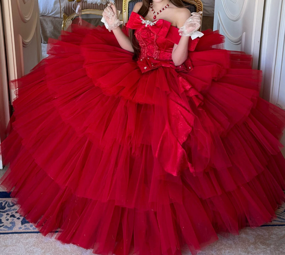 Alluring Off-Shoulder Tiered Prom Dress Red Tulle A-Line Beaded Evening Dress C9911