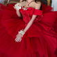 Alluring Off-Shoulder Tiered Prom Dress Red Tulle A-Line Beaded Evening Dress C9911