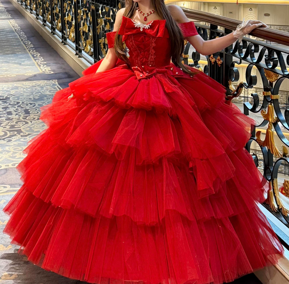 Alluring Off-Shoulder Tiered Prom Dress Red Tulle A-Line Beaded Evening Dress C9911