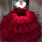 Alluring Off-Shoulder Tiered Prom Dress Red Tulle A-Line Beaded Evening Dress C9911