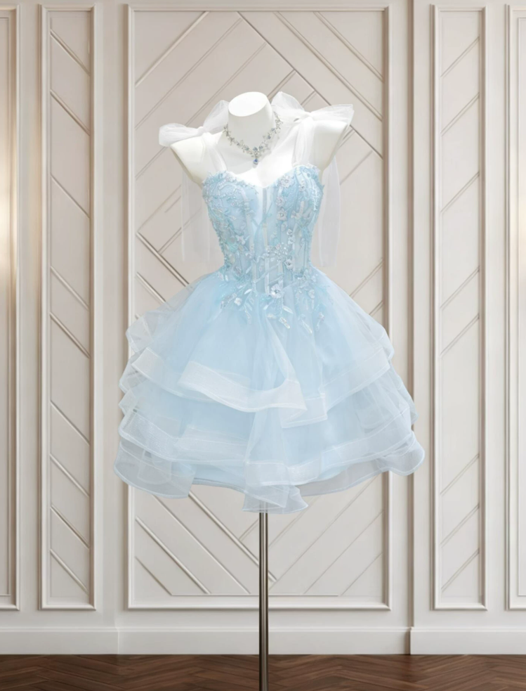 Glam Spaghetti Straps Homecoming Dress Blue Sequins Tulle A-Line Birthday Dress C9912