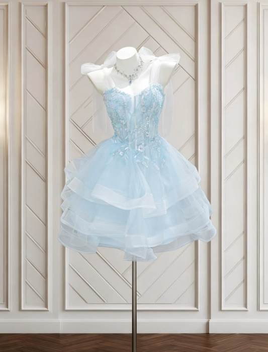 Glam Spaghetti Straps Homecoming Dress Blue Sequins Tulle A-Line Birthday Dress C9912