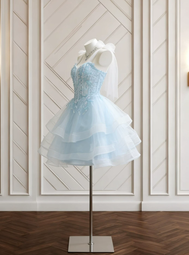 Glam Spaghetti Straps Homecoming Dress Blue Sequins Tulle A-Line Birthday Dress C9912